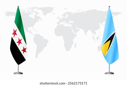 Syrian Revolution and Saint Lucia flags for official meeting against background of world map.