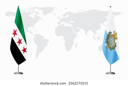 Syrian Revolution and San Marino flags for official meeting against background of world map.