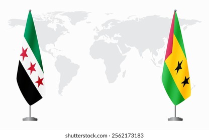 Syrian Revolution and Sao Tome and Principe flags for official meeting against background of world map.