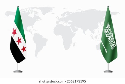 Syrian Revolution and Saudi Arabia flags for official meeting against background of world map.