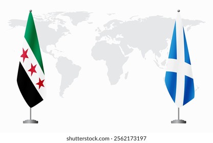 Syrian Revolution and Scotland flags for official meeting against background of world map.