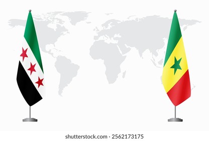 Syrian Revolution and Senegal flags for official meeting against background of world map.