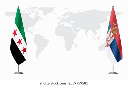 Syrian Revolution and Serbia flags for official meeting against background of world map.