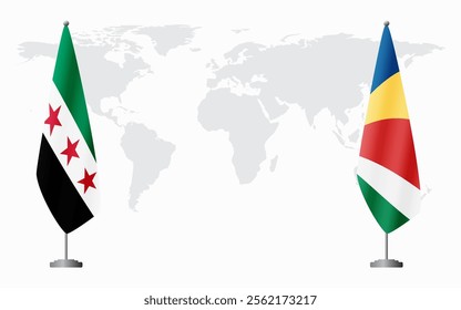 Syrian Revolution and Seychelles flags for official meeting against background of world map.