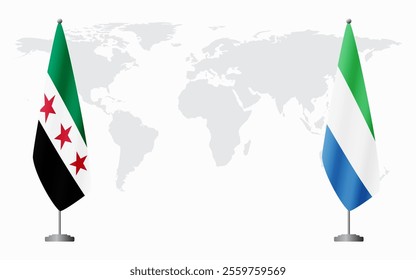 Syrian Revolution and Sierra Leone flags for official meeting against background of world map.