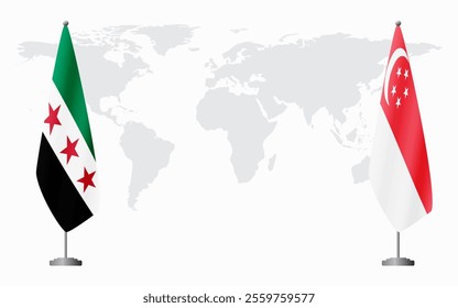 Syrian Revolution and Singapore flags for official meeting against background of world map.