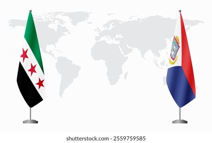 Syrian Revolution and Sint Maarten flags for official meeting against background of world map.