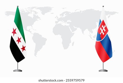 Syrian Revolution and Slovakia flags for official meeting against background of world map.