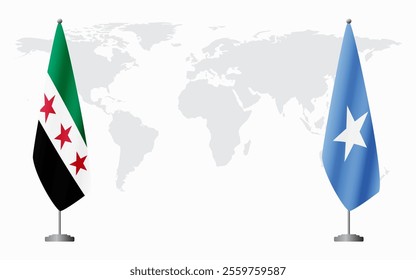 Syrian Revolution and Somalia flags for official meeting against background of world map.