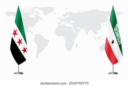 Syrian Revolution and Somaliland flags for official meeting against background of world map.