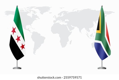 Syrian Revolution and South Africa flags for official meeting against background of world map.