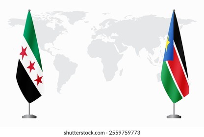 Syrian Revolution and South Sudan flags for official meeting against background of world map.