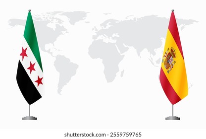 Syrian Revolution and Spain flags for official meeting against background of world map.