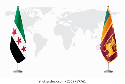 Syrian Revolution and Sri Lanka flags for official meeting against background of world map.