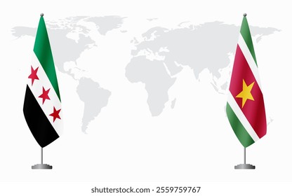 Syrian Revolution and Suriname flags for official meeting against background of world map.