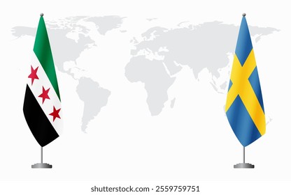 Syrian Revolution and Sweden flags for official meeting against background of world map.