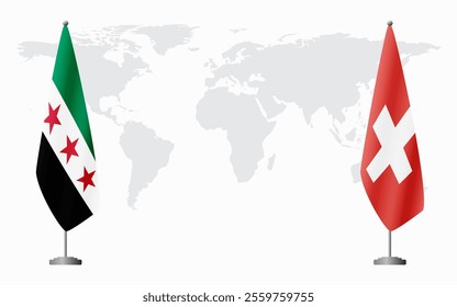 Syrian Revolution and Switzerland flags for official meeting against background of world map.