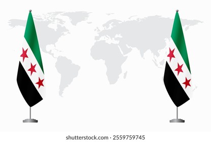 Syrian Revolution and Syria flags for official meeting against background of world map.