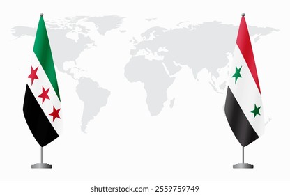 Syrian Revolution and Syria flags for official meeting against background of world map.