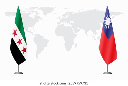 Syrian Revolution and Taiwan flags for official meeting against background of world map.