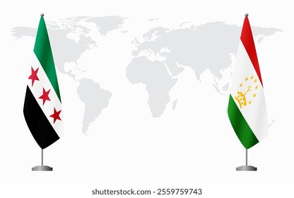 Syrian Revolution and Tajikistan flags for official meeting against background of world map.