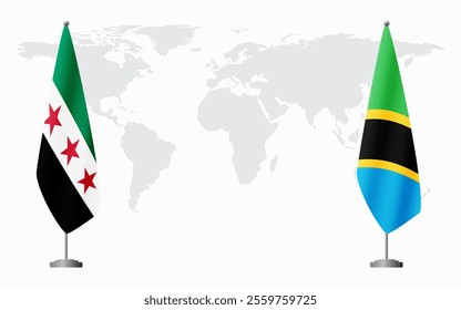 Syrian Revolution and Tanzania flags for official meeting against background of world map.