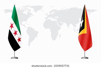 Syrian Revolution and Timor-Leste flags for official meeting against background of world map.