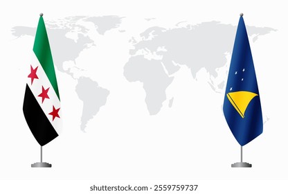 Syrian Revolution and Tokelau flags for official meeting against background of world map.