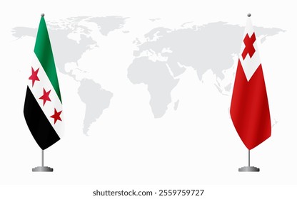 Syrian Revolution and Tonga flags for official meeting against background of world map.