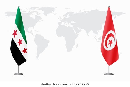 Syrian Revolution and Tunisia flags for official meeting against background of world map.