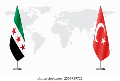 Syrian Revolution and Turkey flags for official meeting against background of world map.