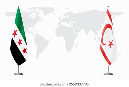 Syrian Revolution and Turkish Republic of Northern Cyprus flags for official meeting against background of world map.