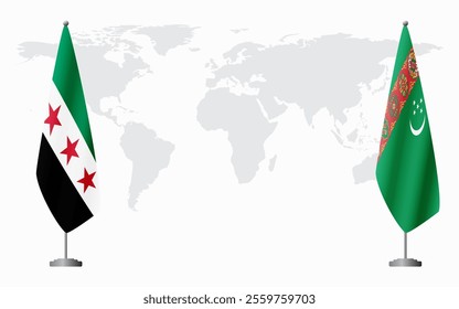 Syrian Revolution and Turkmenistan flags for official meeting against background of world map.