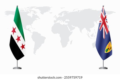 Syrian Revolution and Turks and Caicos flags for official meeting against background of world map.