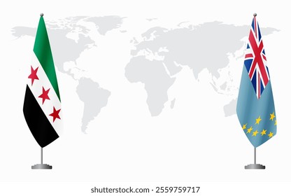 Syrian Revolution and Tuvalu flags for official meeting against background of world map.