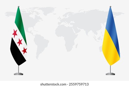 Syrian Revolution and Ukraine flags for official meeting against background of world map.