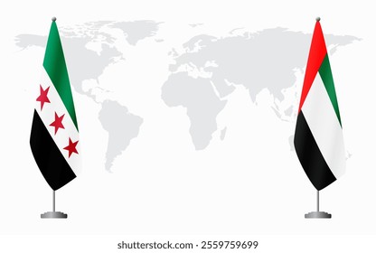 Syrian Revolution and United Arab Emirates flags for official meeting against background of world map.