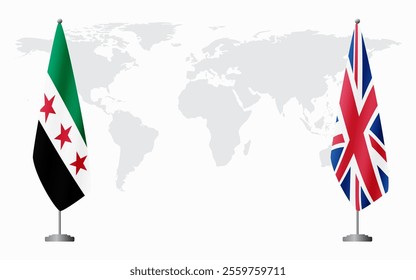 Syrian Revolution and United Kingdom flags for official meeting against background of world map.