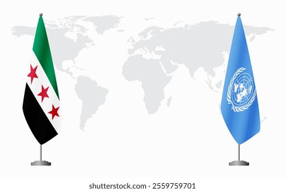 Syrian Revolution and United Nations flags for official meeting against background of world map.