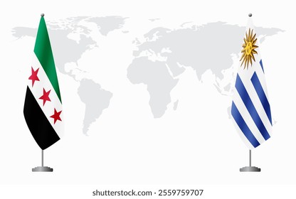 Syrian Revolution and Uruguay flags for official meeting against background of world map.