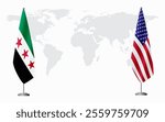 Syrian Revolution and USA flags for official meeting against background of world map.