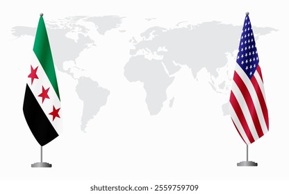 Syrian Revolution and USA flags for official meeting against background of world map.