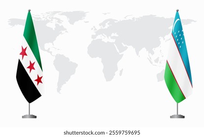 Syrian Revolution and Uzbekistan flags for official meeting against background of world map.