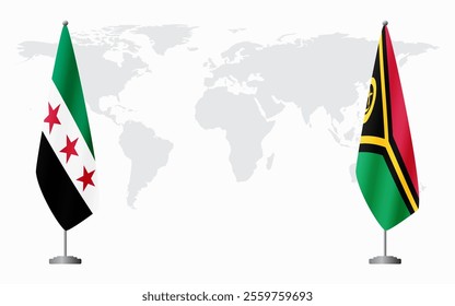 Syrian Revolution and Vanuatu flags for official meeting against background of world map.