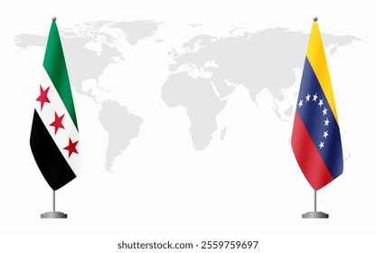 Syrian Revolution and Venezuela flags for official meeting against background of world map.