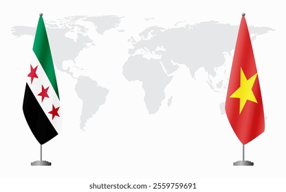 Syrian Revolution and Vietnam flags for official meeting against background of world map.