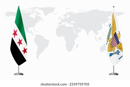 Syrian Revolution and Syrian Revolution Virgin Islands flags for official meeting against background of world map.