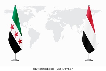 Syrian Revolution and Yemen flags for official meeting against background of world map.