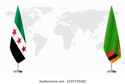 Syrian Revolution and Zambia flags for official meeting against background of world map.