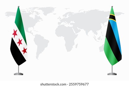 Syrian Revolution and Zanzibar flags for official meeting against background of world map.